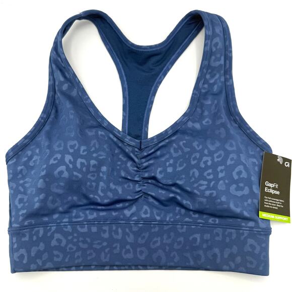 GapFit Eclipse Blue Leopard Print Sports Bra XS NWT Medium Support - Picture 1 of 9